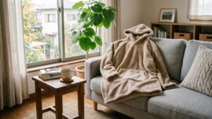 ソファの上に置かれたフード付きの着る毛布