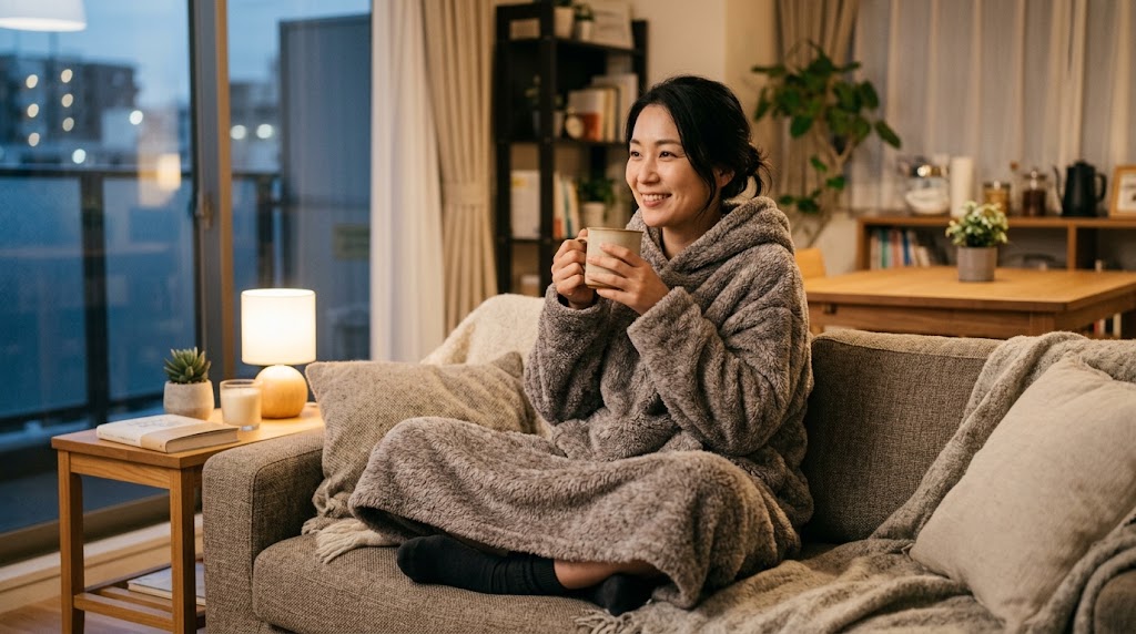 着る毛布を着てソファでくつろぐ日本人女性